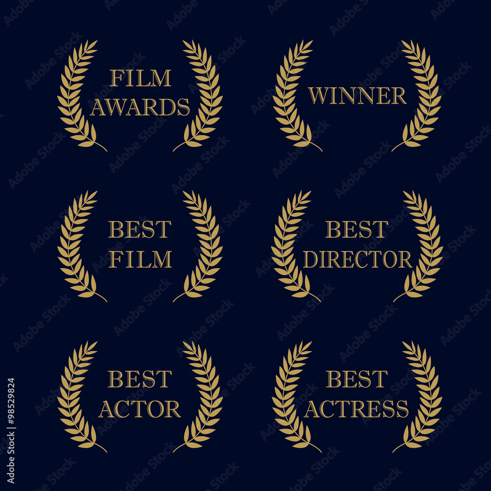 Film awards logo. Film awards and best nominee gold award wreaths on dark background