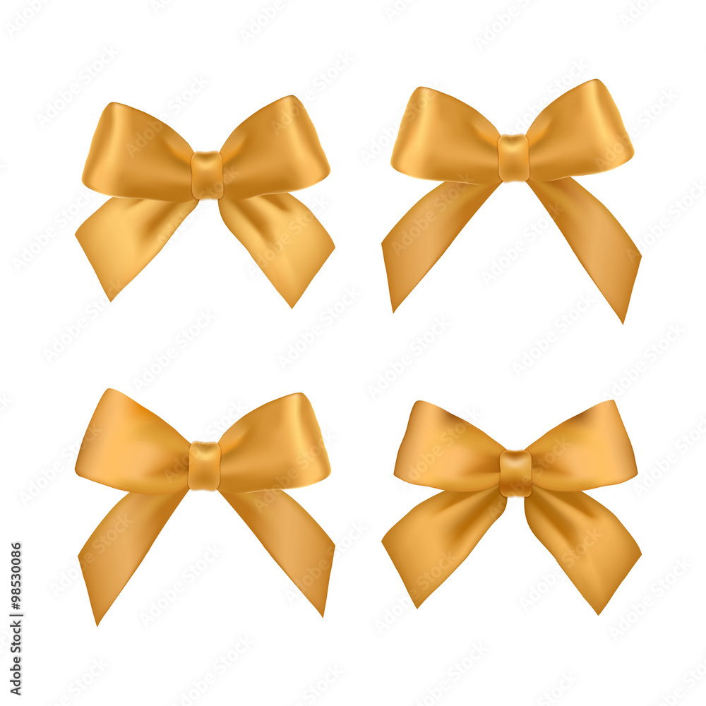 Big set of gold gift bows with ribbons. Satin gold bows and ribbons for  decoration greeting cards, banners, flyers. Gold Bow. Stock Vector