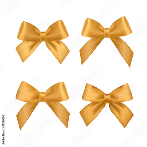 Big set of gold gift bows with ribbons. Satin gold bows and ribbons for decoration greeting cards, banners, flyers. Gold Bow.