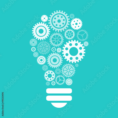 Light bulb of gears and cogs. Idea concept. Bulb full of gears and cogs isolated