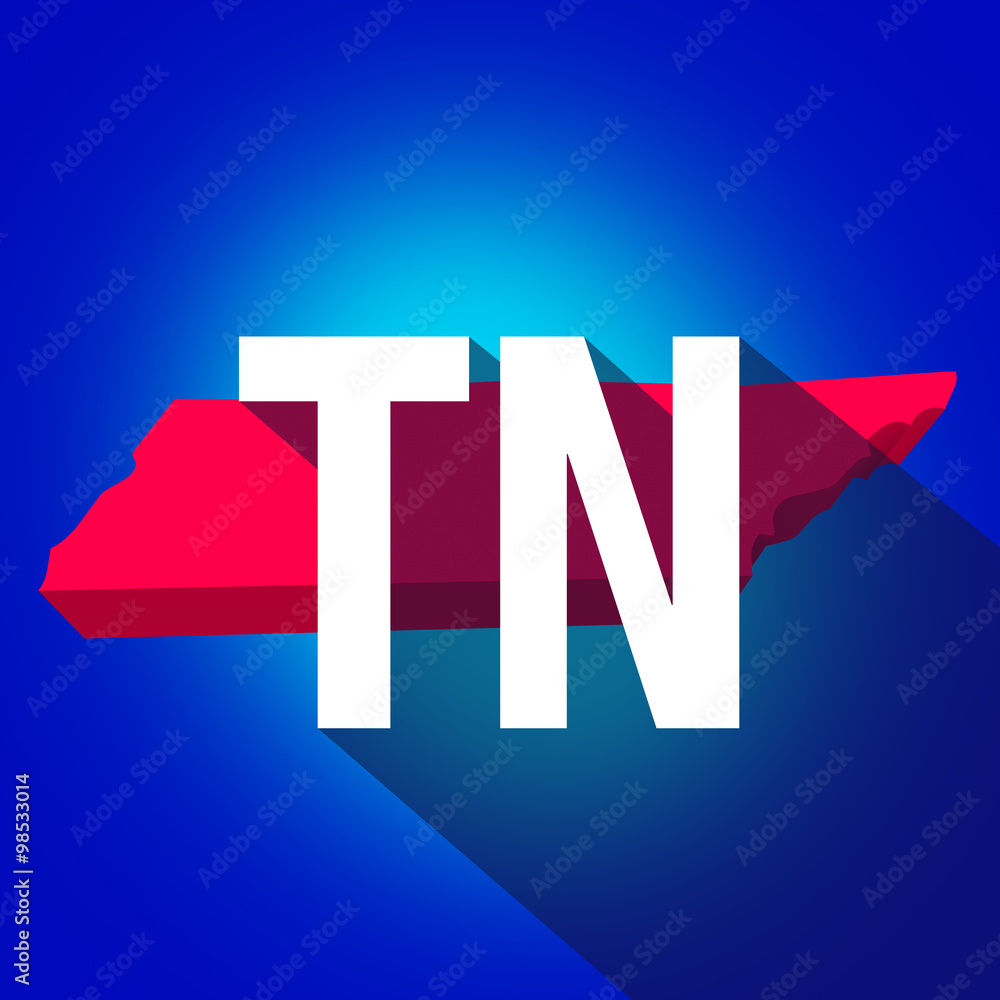 Tennessee TN Letters Abbreviation Red 3d State Map Long Shadow