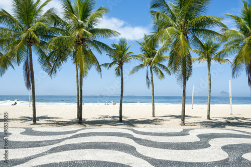 Iconic sidewalk tile pattern with palm trees at Copacabana Beach in Rio de Janeiro, Brazil