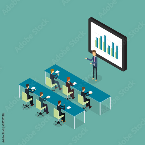 business conference and presentation on finance graph report . analytic on monitor .flat 3D vector .business man .finance and investment .business training .stock training.business meeting