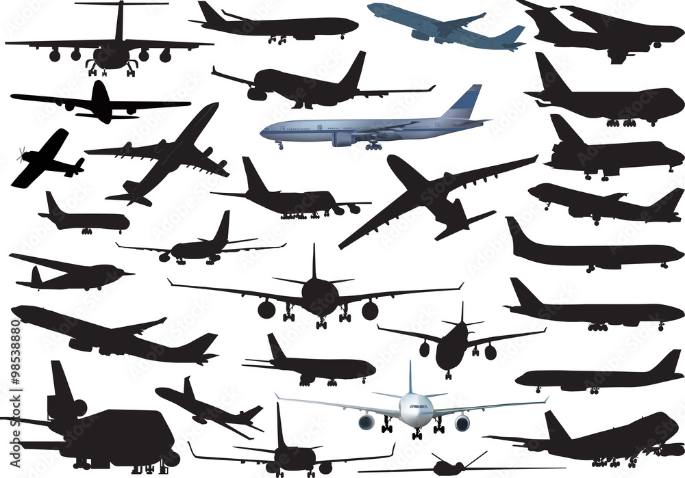 thirty airplanes collection isolated on white