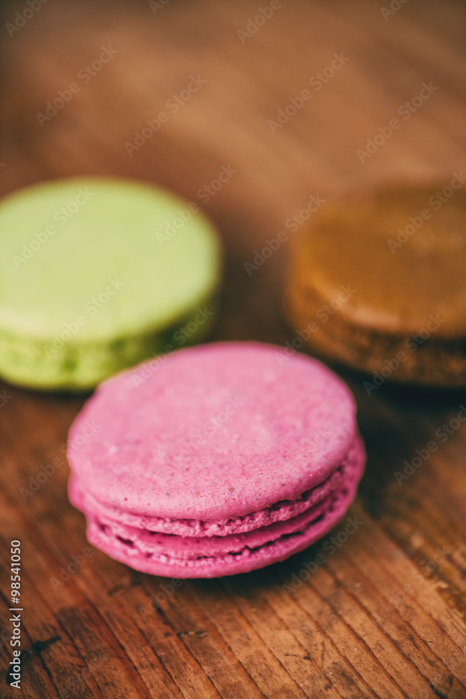 Homemade macaron cookies on table, macro close up Homemade macaron cookies on table, macro close up