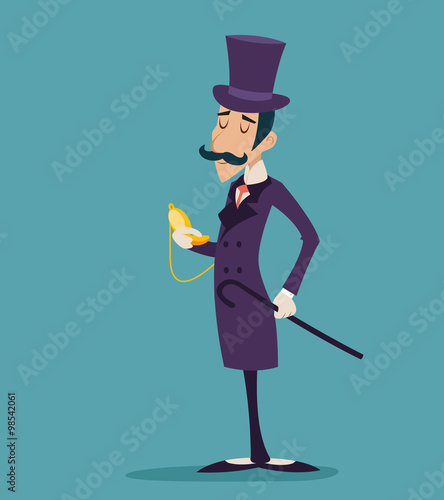 Clock Time Vintage Great Britain Victorian Gentleman Businessman Character Icon on Stylish Background Retro Cartoon Design Vector Illustration