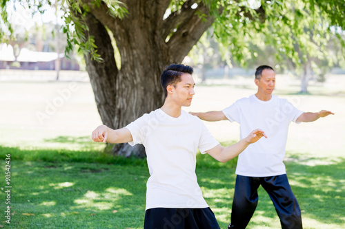 People practicing thai chi in park