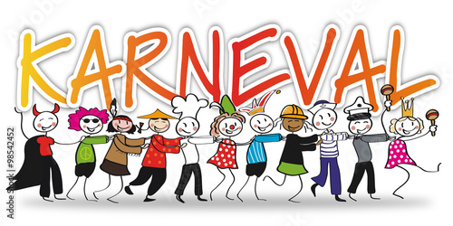 Bunter Karneval Schriftzug mit feierernder Gruppe