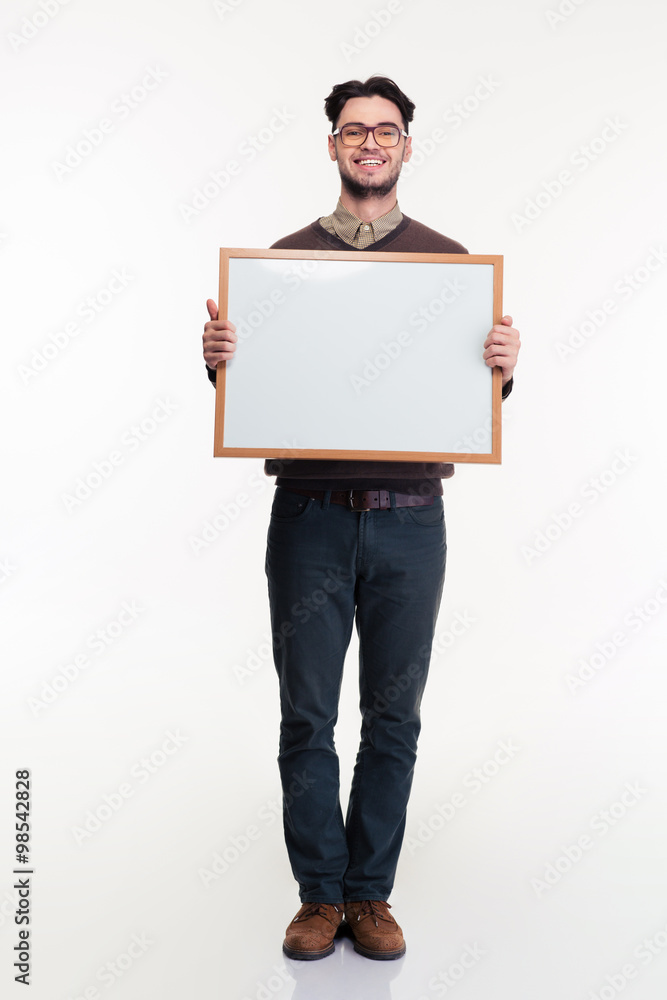 Smiling man holding blank board Smiling man holding blank board
