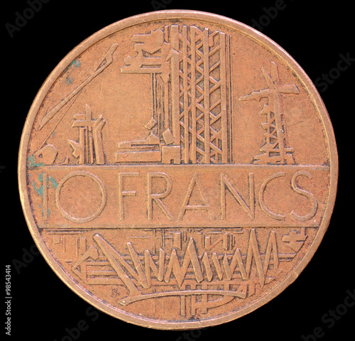 Tail of 10 francs coin, issued by France in 1975 depicting industry in background photo