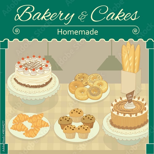 Vector drawing bakery&cakes home made cafe.The bakery products&cakes display in shop.