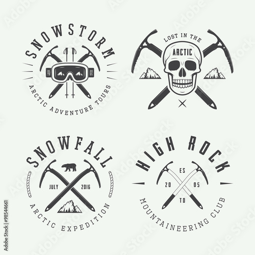 Vintage mountaineering and arctic expeditions logos, badges