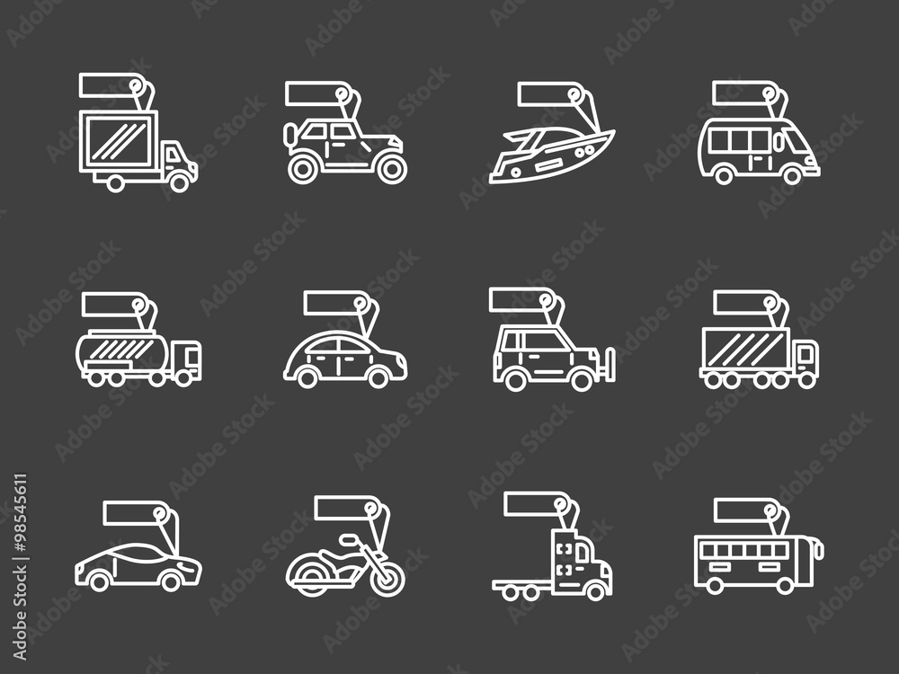 Sale of transport white line vector icons set Sale of transport white line vector icons set