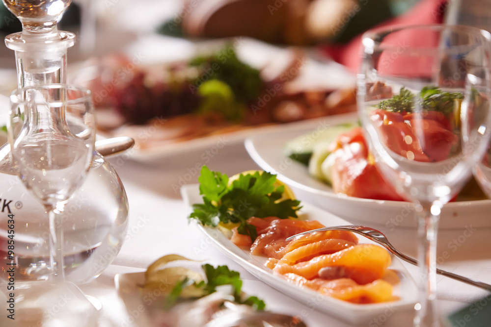 Different meals and snacks on a table.