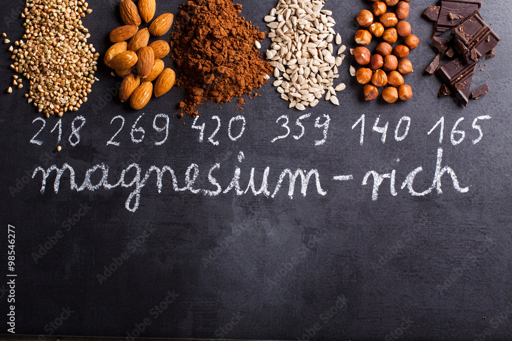 Products rich in magnesium on black background.