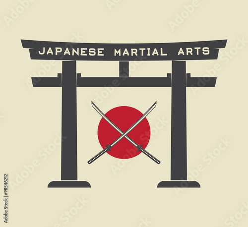 Japanese torii gate with japan flag and katana in vintage style.