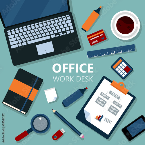 Modern Office Work Desk with Laptop and Office Equipment