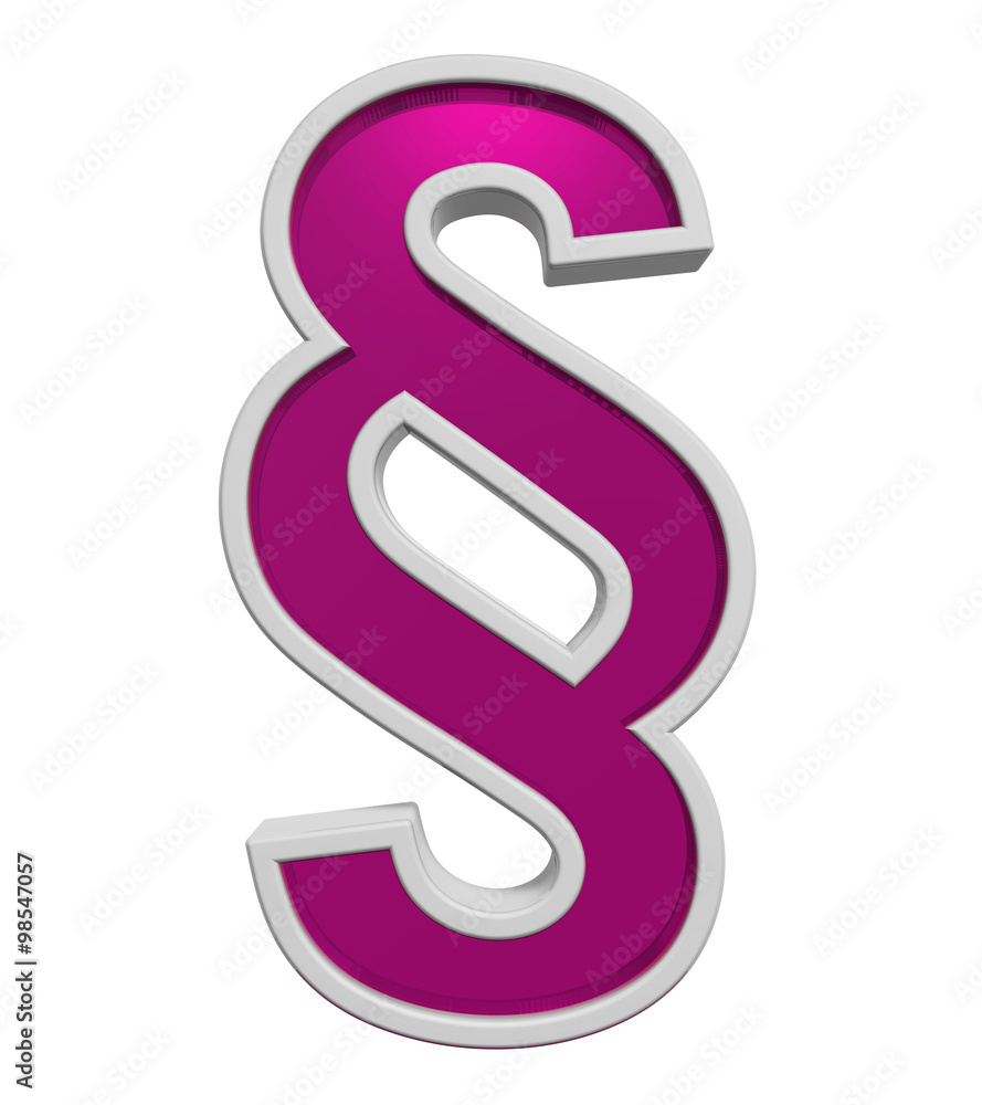 Paragraph sign from pink glass with white frame alphabet set, isolated on white. Computer generated 3D photo rendering.