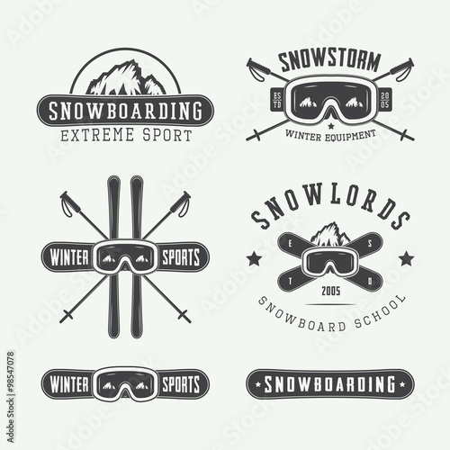Vintage snowboarding or winter sports logos, badges, emblems