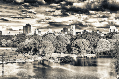 Buildings and foliage in Central Park, Manhattan