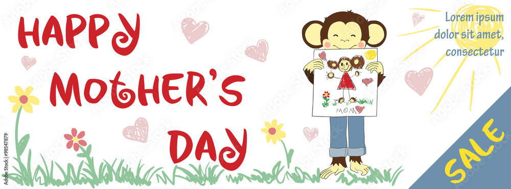 Mothers day sale banner with cute monkey
