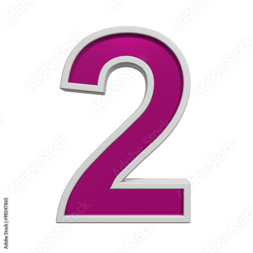 One digit from pink glass with white frame alphabet set, isolated on white. Computer generated 3D photo rendering.