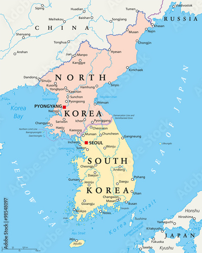 Wallpaper Mural North Korea and South Korea political map with capitals Pyongyang and Seoul