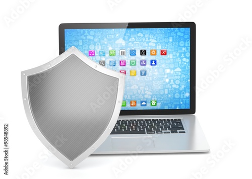 Free Download Laptop and shield on white, computer security concept - GFXLoad