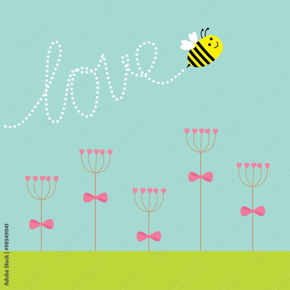 Heart stick flower set and flying bee. Green grass. Dash line word Love. Flat design. Heart stick flower set and flying bee. Green grass. Dash line word Love. Flat design.