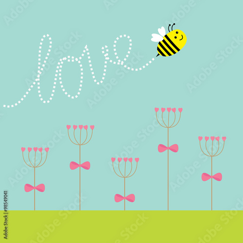 Heart stick flower set and flying bee. Green grass. Dash line word Love. Flat design.