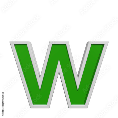 One lower case letter from green glass with white frame alphabet set, isolated on white. Computer generated 3D photo rendering.