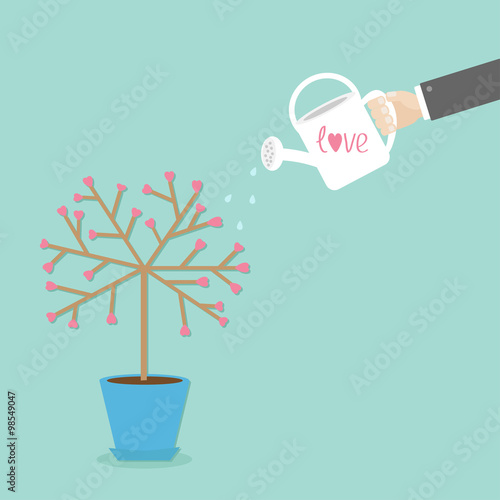Love tree in the pot. Heart flower. Hand with watering can. Word love Blue background. Flat design
