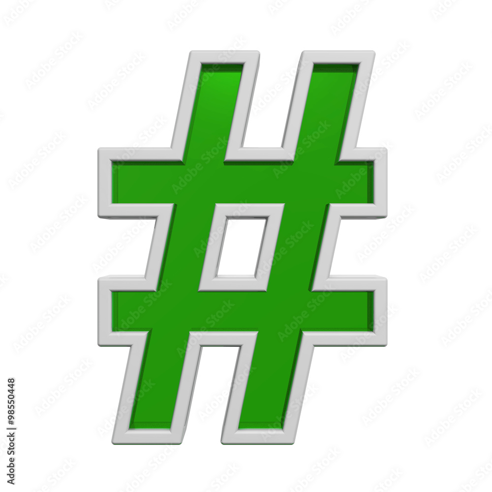 Fototapeta premium Number mark sign from green glass with white frame alphabet set, isolated on white. Computer generated 3D photo rendering.