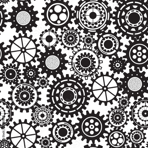 Business mechanism concept. Abstract background with connected gears and icons for strategy, service, analytics, research, seo, digital marketing, communicate concepts. Vector seamless pattern