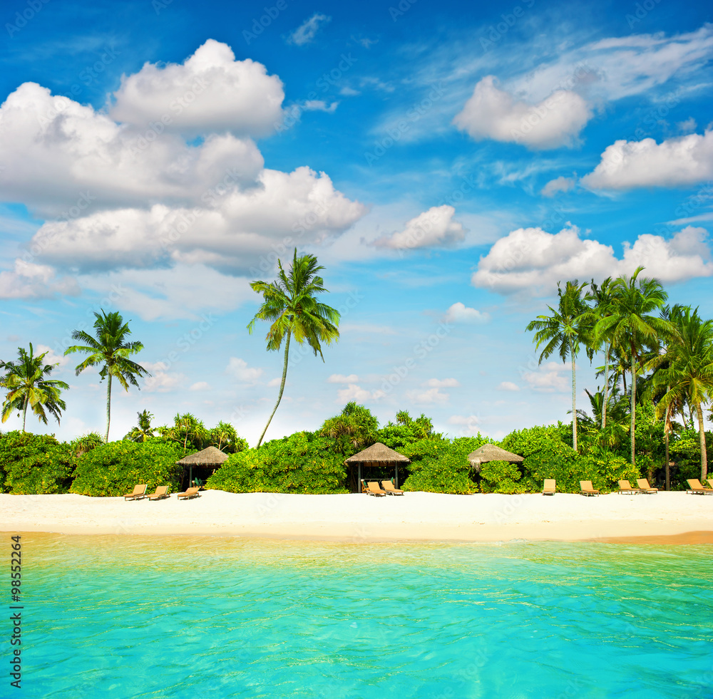 Obraz premium Sand beach. Blue sky. Paradise island palm trees