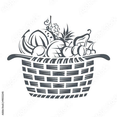 monochrome illustration of basket with various fruits