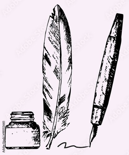 inkwell, feather, pen, doodle style, sketch illustration