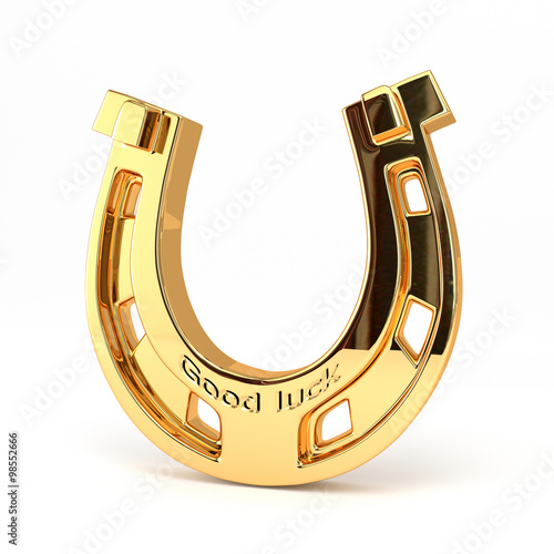 Gold horseshoe isolated on white background. Good luck! 3d illus
