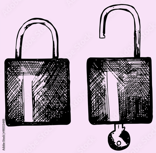 open and closed lock, set, doodle style