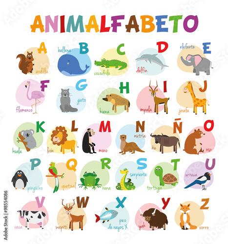 Fototapeta Naklejka Na Ścianę i Meble -  Ilustración de vector Alfabeto ilustrado con animales para niños. Abecedario español. Aprender a leer.