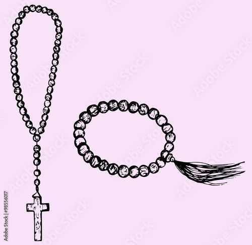 rosary beads and cross, doodle style, sketch illustration