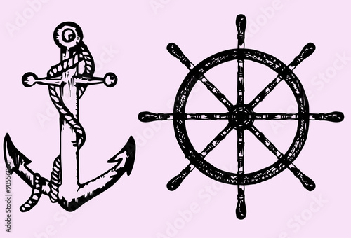 ships anchor and wheel, doodle style, sketch illustration