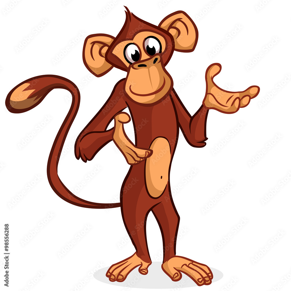 Obraz premium Cute monkey presenting and pointing hand. Vector Cartoon character on a white background