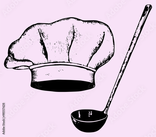 chef hat and soup ladle, hand drawn, doodle style