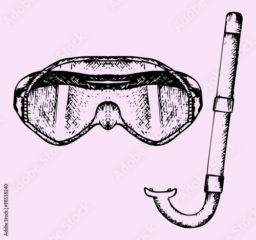 diving mask and a snorkel, doodle style, sketch illustration