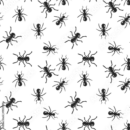 Vector seamless ant colony insect pattern. Black and white Scandinavian style fauna design. Hand drawn ink doodle creatures.