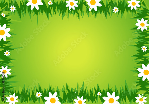 Spring flower frame. Spring abstract floral background frame with grass and flower chamomile. Vector available. 
