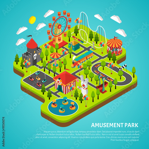Amusement Park Attractions Fairground Isometric Banner