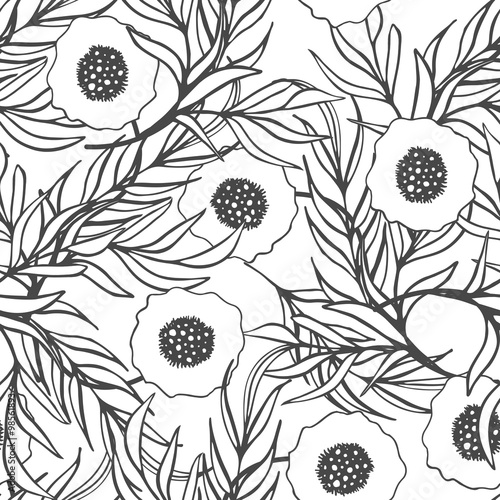 Poppy Flower Vector Seamless Pattern Hand Drawn Doodle Ink Floral Textile Fabric Print Black And White Drawing Poppies And Branch Leaves Natural Design Stock Vector Adobe Stock