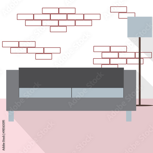 Modern Living room loft design interior with sofa and floor lamp. Vector flat illustration